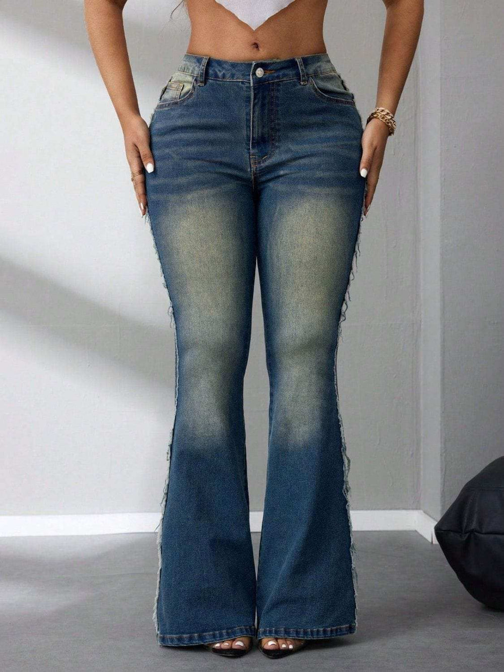 Side Raw Hem Flare Jeans - Trendsi - Flyclothing LLC