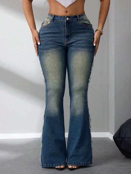 Side Raw Hem Flare Jeans - Trendsi - Flyclothing LLC