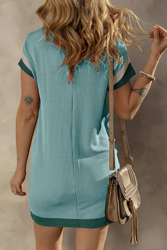 Texture Round Neck Short Sleeve Mini Dress - Trendsi - Flyclothing LLC
