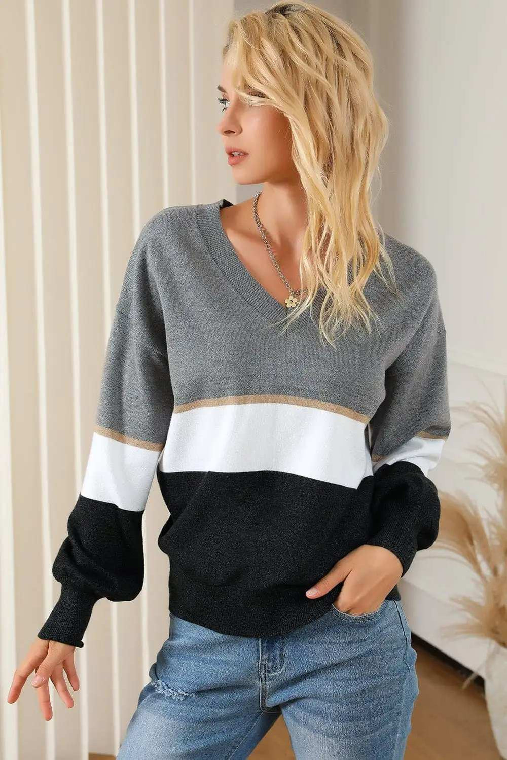 Color Block V Neck Long Sleeve Sweater - Trendsi - Flyclothing LLC