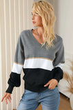 Color Block V Neck Long Sleeve Sweater - Trendsi - Flyclothing LLC