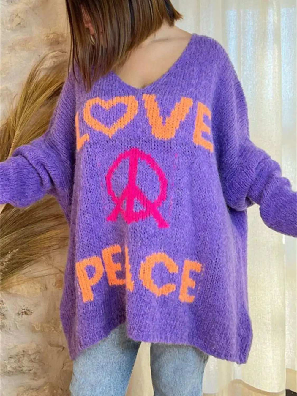 Peace Graphic V-Neck Long Sleeve Sweater - Trendsi - Flyclothing LLC