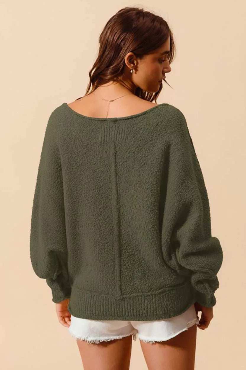 SO ME Loose Fit Exposed Seam Slouchy Boucle Sweater - Trendsi - Flyclothing LLC