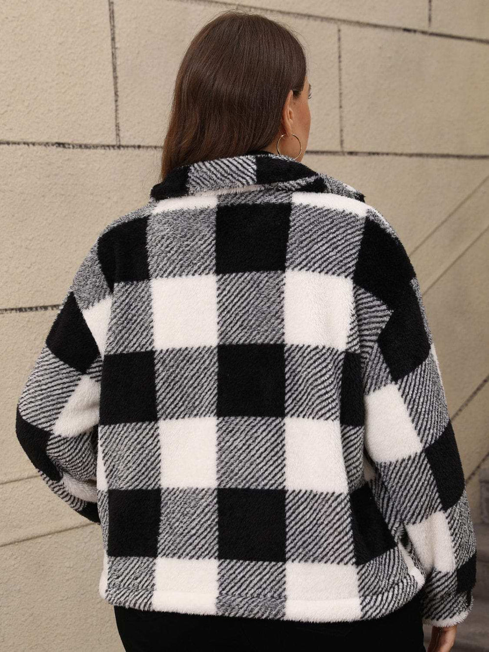 Plus Size Pocketed Plaid Collared Neck Jacket - Trendsi - Flyclothing LLC