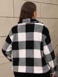 Plus Size Pocketed Plaid Collared Neck Jacket - Trendsi - Flyclothing LLC
