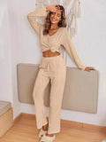 V-Neck Long Sleeve Top and Pants Set - Trendsi - Flyclothing LLC
