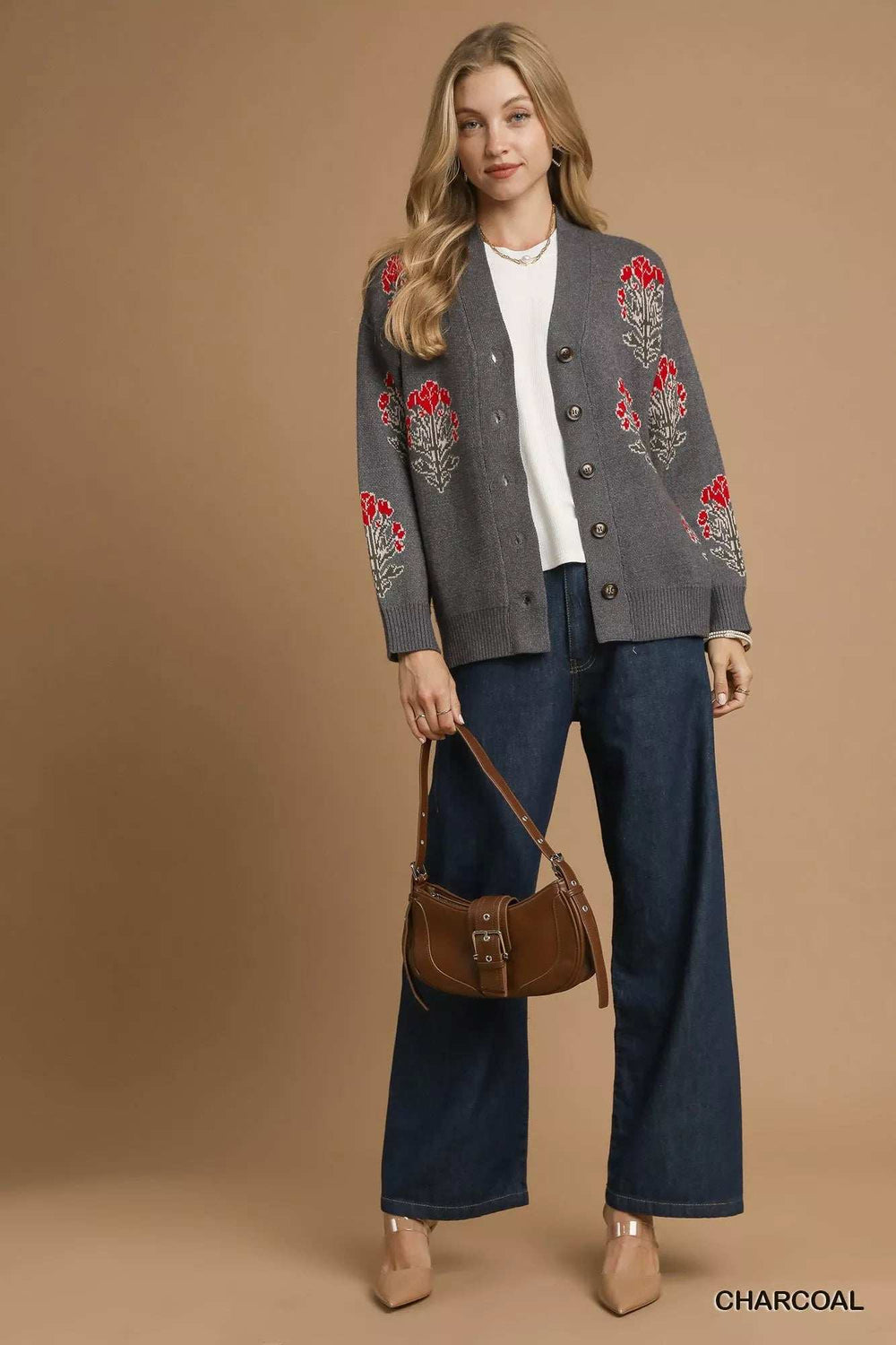 Umgee Single Flower Stem Jacquard Cardigan Sweater - Trendsi - Flyclothing LLC