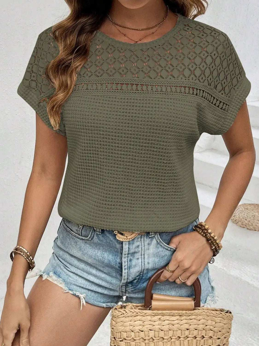 Waffle-Knit Round Neck Short Sleeve Top - Trendsi - Flyclothing LLC
