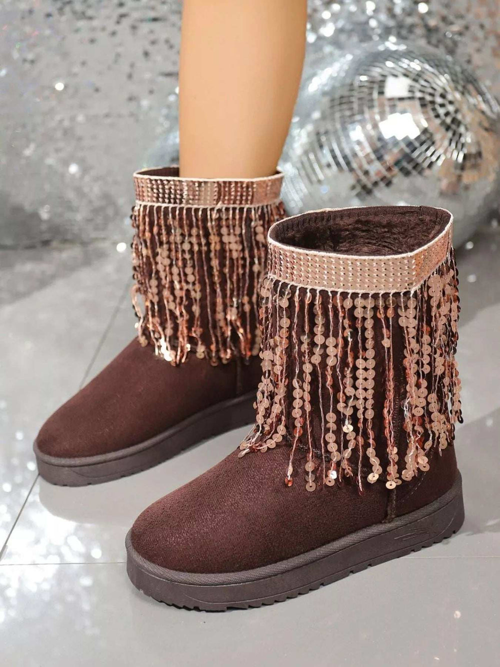 Sequin Fringe Suede Winter Boots - Trendsi - Flyclothing LLC