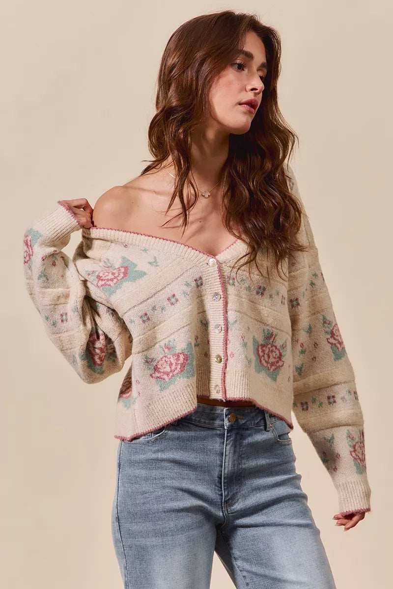 SO ME Floral Pattern Long Sleeve Button Sweater Cardigan - Trendsi - Flyclothing LLC