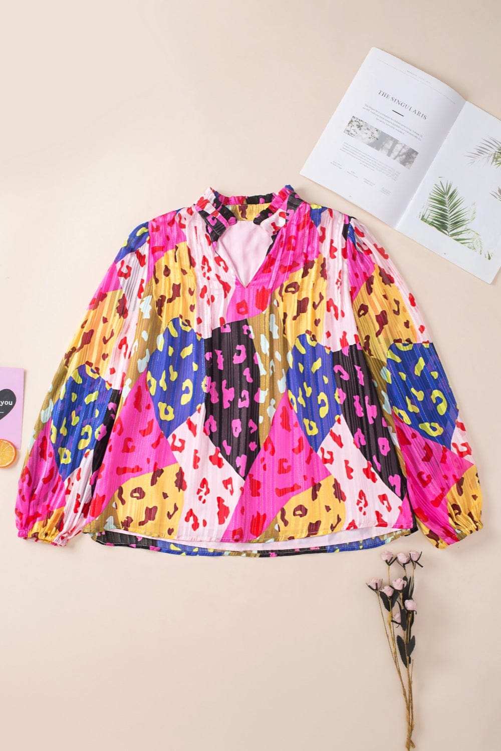 Printed Notched Long Sleeve Blouse - Trendsi - Flyclothing LLC