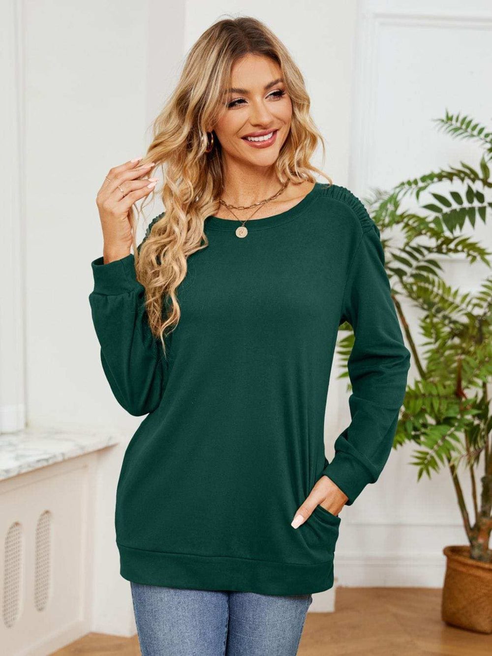 Ruched Shoulder Round Neck Long Sleeve Sweatshirt - Trendsi - Flyclothing LLC
