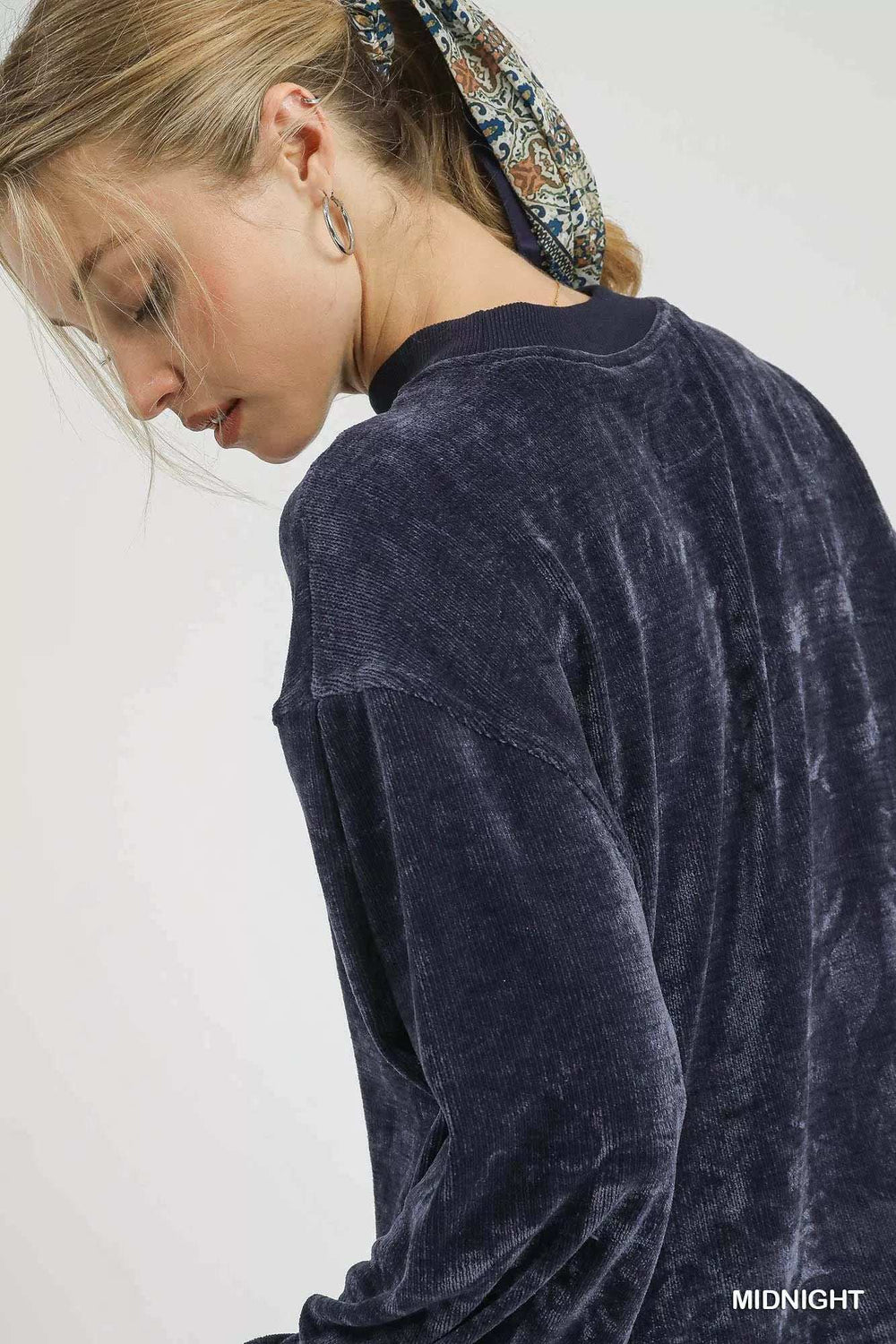 Umgee Velour Crewneck Balloon Sleeve Sweatshirt - Trendsi - Flyclothing LLC