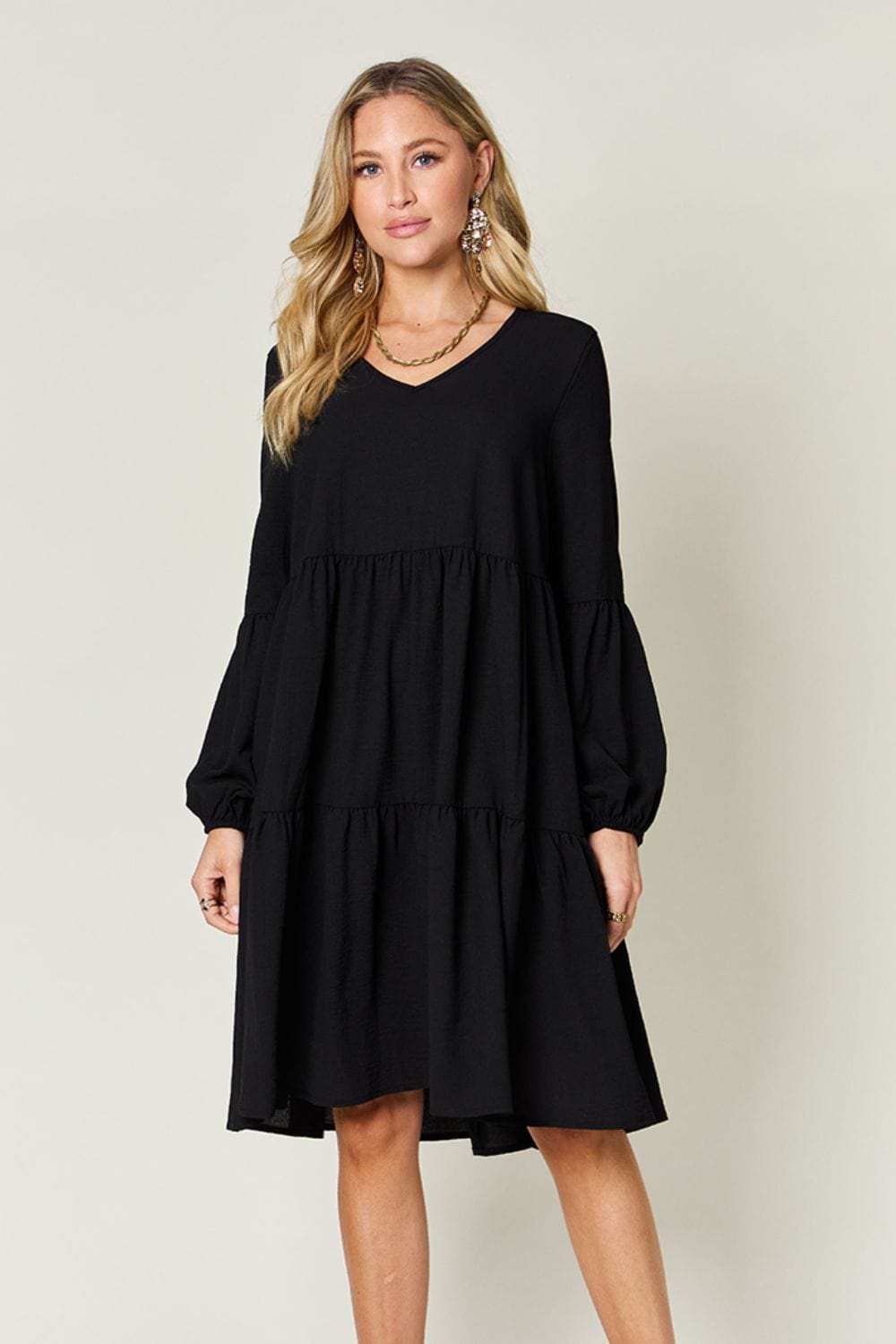 Double Take Full Size V-Neck Balloon Sleeve Tiered Dress - Trendsi - Flyclothing LLC