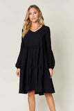 Double Take Full Size V-Neck Balloon Sleeve Tiered Dress - Trendsi - Flyclothing LLC