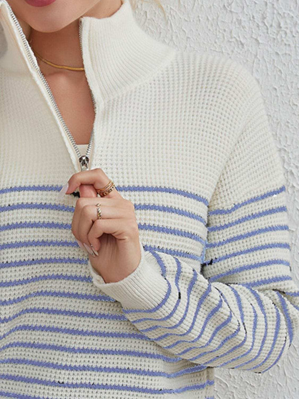 Striped Half Zip Long Sleeve Sweater - Trendsi - Flyclothing LLC