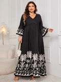 Plus Size Printed V-Neck Long Sleeve Maxi Dress - Trendsi - Flyclothing LLC