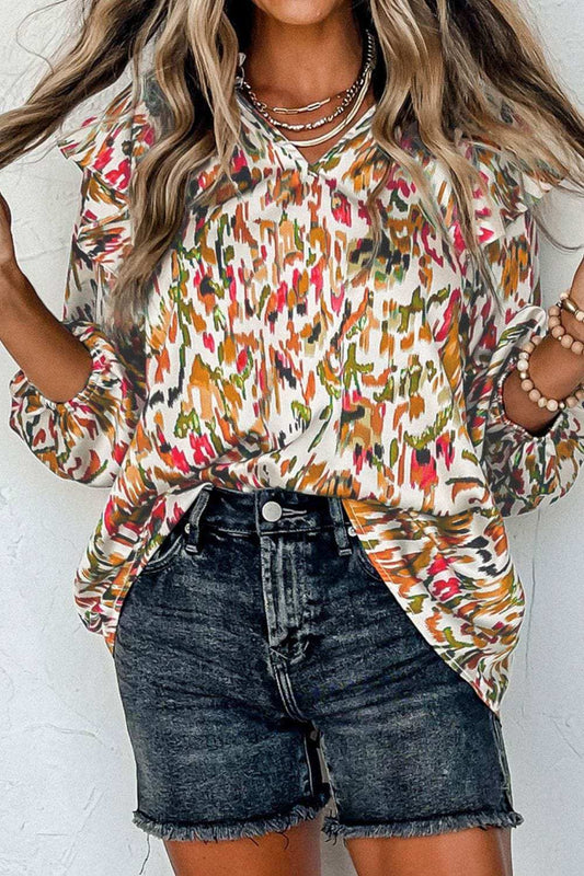 Abstract Print 3/4 Sleeve Ruffle Blouse - Trendsi - Flyclothing LLC