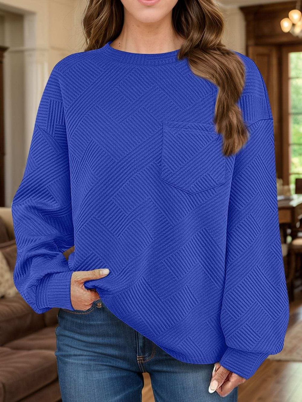 Full Size Texture Round Neck Long Sleeve Sweatshirt - Trendsi - Flyclothing LLC