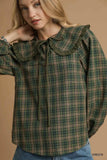 Umgee Full Size Plaid Ruffle Collar Blouse Plus Size - Trendsi - Flyclothing LLC