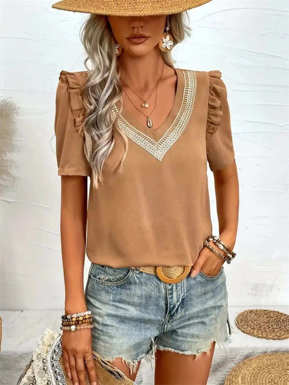 Ruffled V-Neck Short Sleeve Blouse - Trendsi - Flyclothing LLC