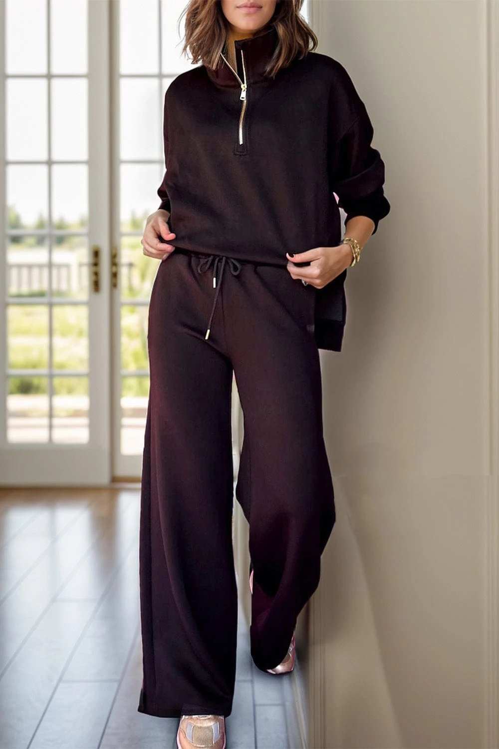Half Zip Turtleneck Long Sleeve Top and Pants Set - Trendsi - Flyclothing LLC