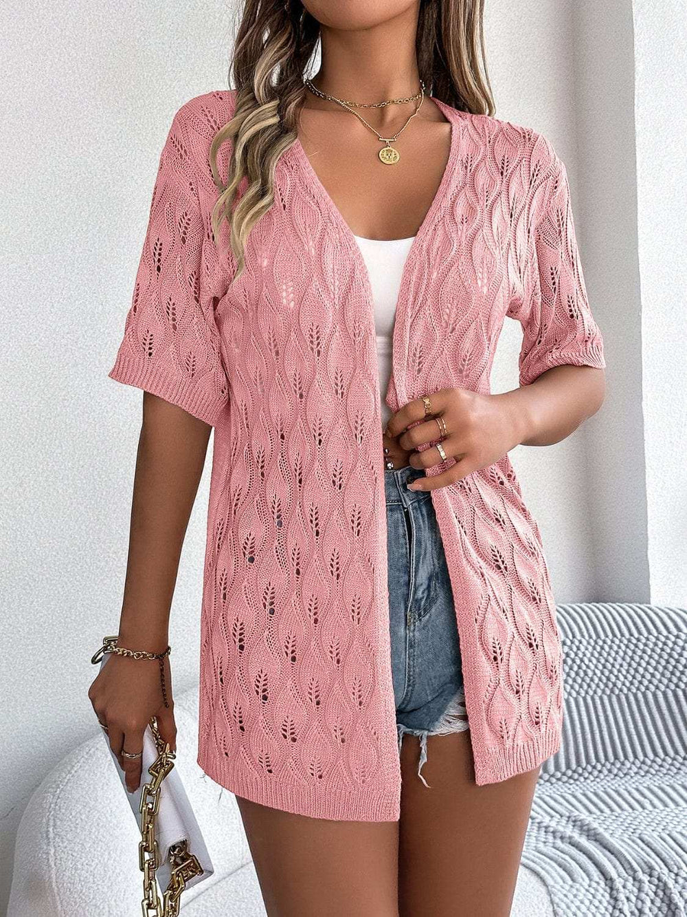 Openwork Open Front Short Sleeve Cardigan - Trendsi - Flyclothing LLC