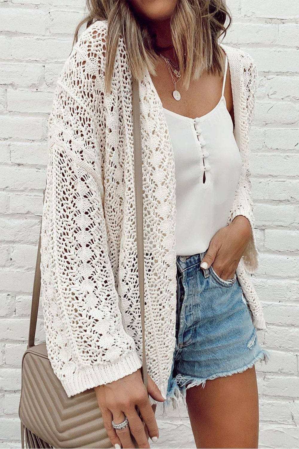 Openwork Open Front Dropped Shoulder Cardigan - Trendsi - Flyclothing LLC