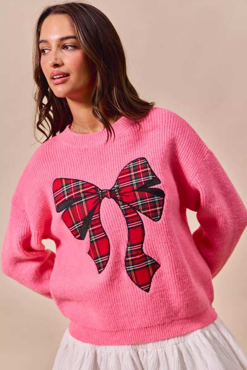 SO ME Checker Plaid Ribbon Christmas Holiday Sweater - Trendsi - Flyclothing LLC