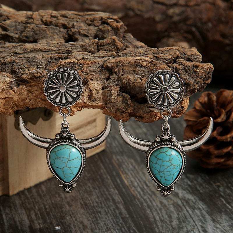 Artificial Turquoise Alloy Cow Head Earrings - Trendsi - Flyclothing LLC