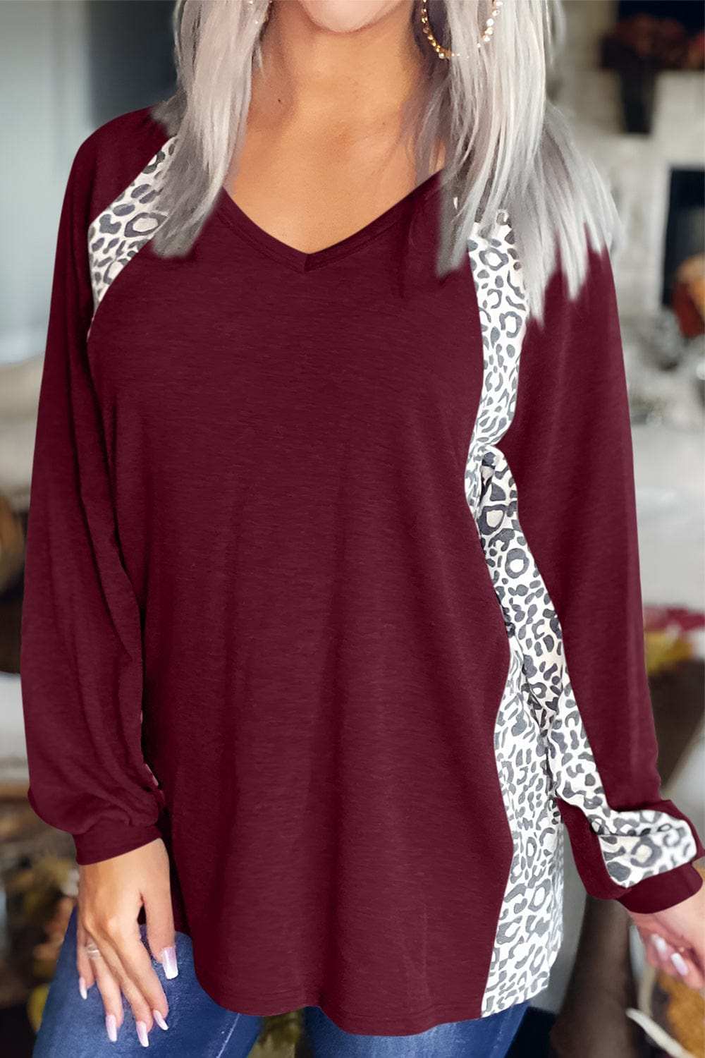 Full Size Leopard V-Neck Long Sleeve T-Shirt - Trendsi - Flyclothing LLC