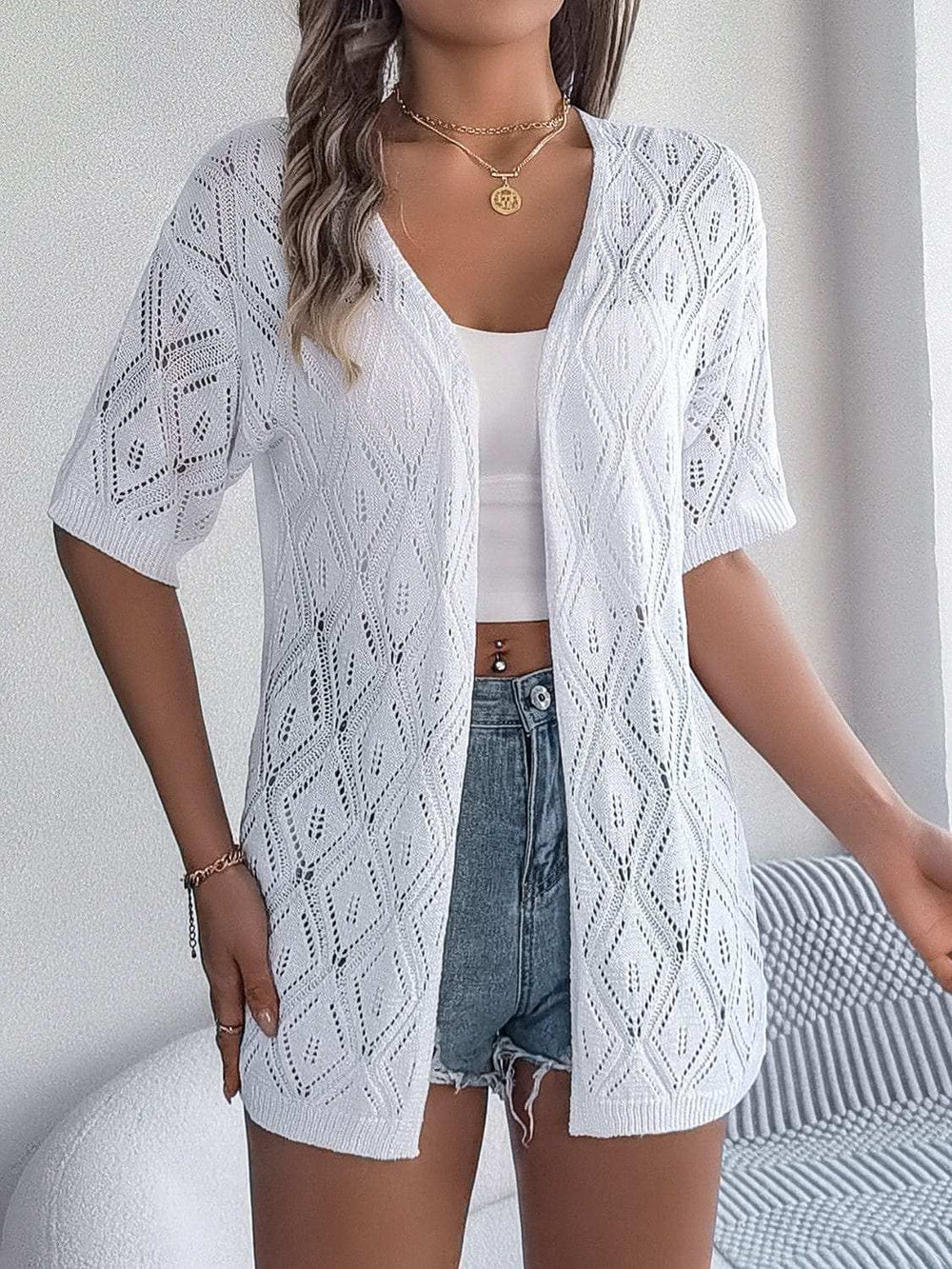 Openwork Open Front Half Sleeve Cardigan - Trendsi - Flyclothing LLC