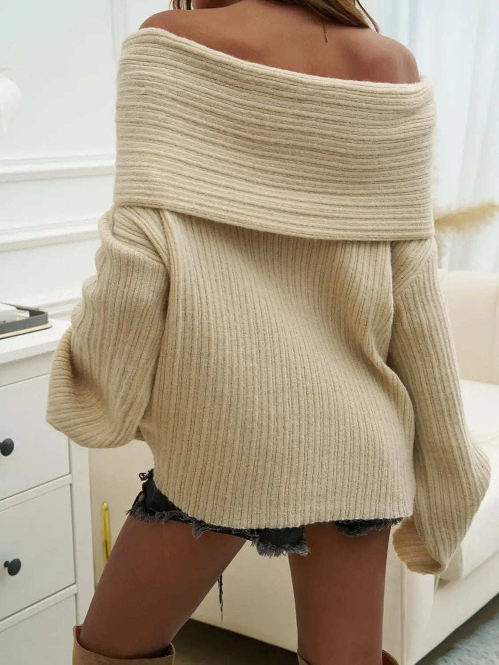 Off-Shoulder Extra-Long Sleeve Sweater - Trendsi - Flyclothing LLC
