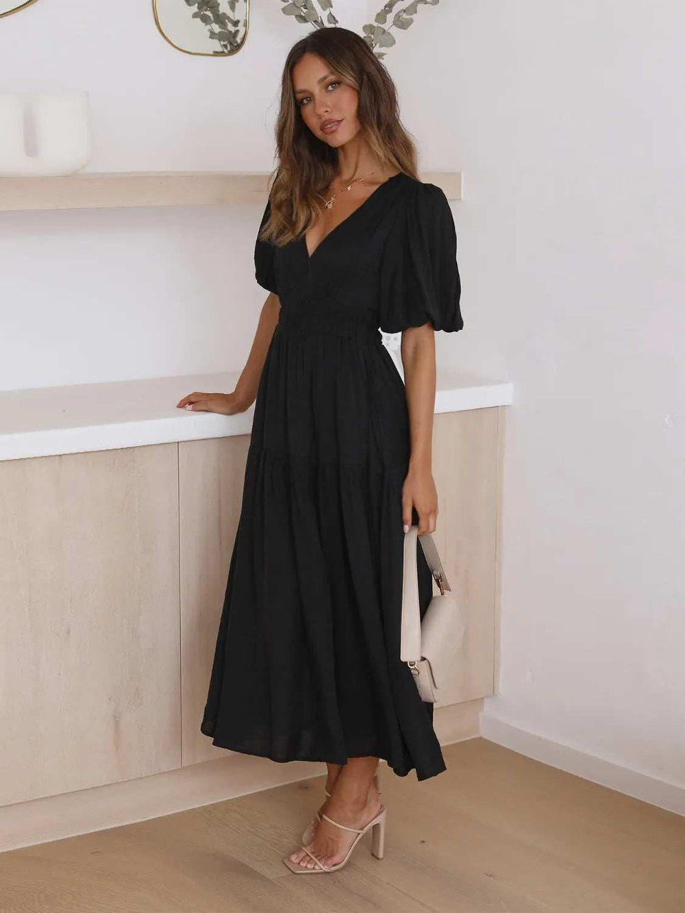 Tiered Surplice Half Sleeve Midi Dress - Trendsi - Flyclothing LLC