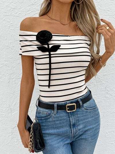 Perfee Striped Off-Shoulder Short Sleeve T-Shirt - Trendsi - Flyclothing LLC