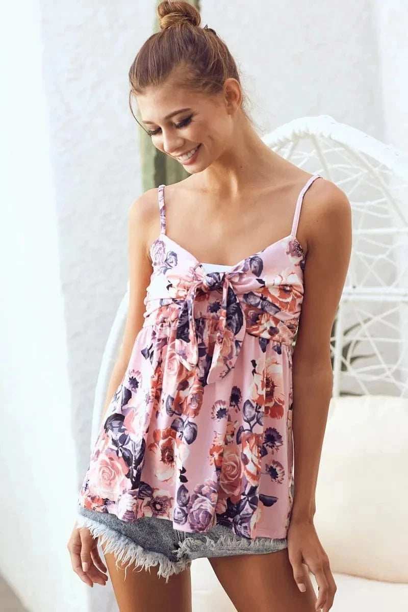BiBi Floral Printed Jersey Knit with Tie Ribbon Front - Trendsi - Flyclothing LLC