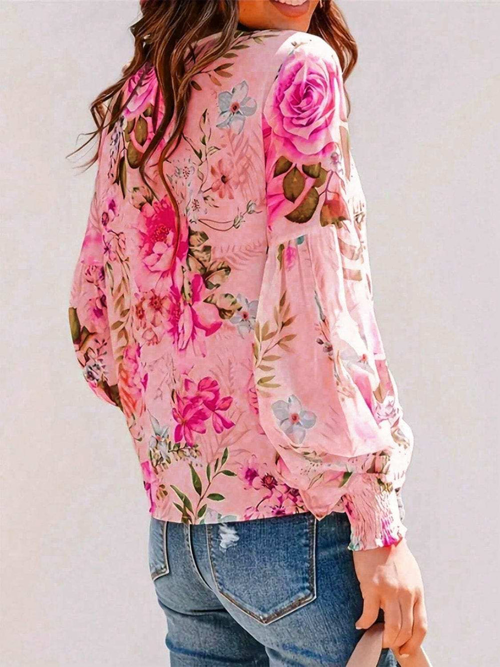 Smocked Printed Round Neck Lantern Sleeve Blouse - Trendsi - Flyclothing LLC