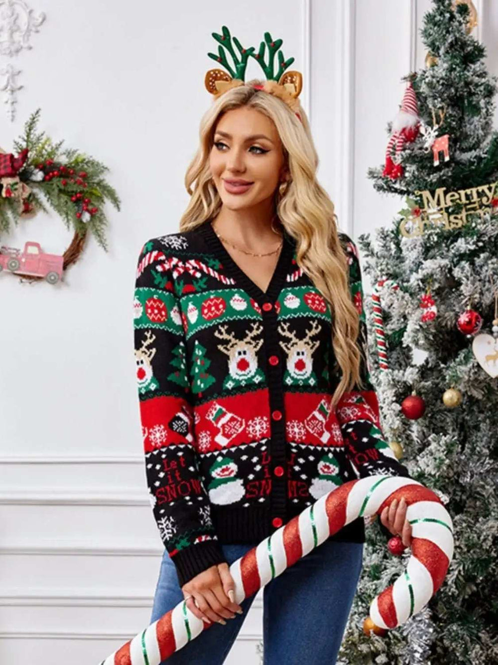 Reindeer Button Up Long Sleeve Cardigan - Trendsi - Flyclothing LLC