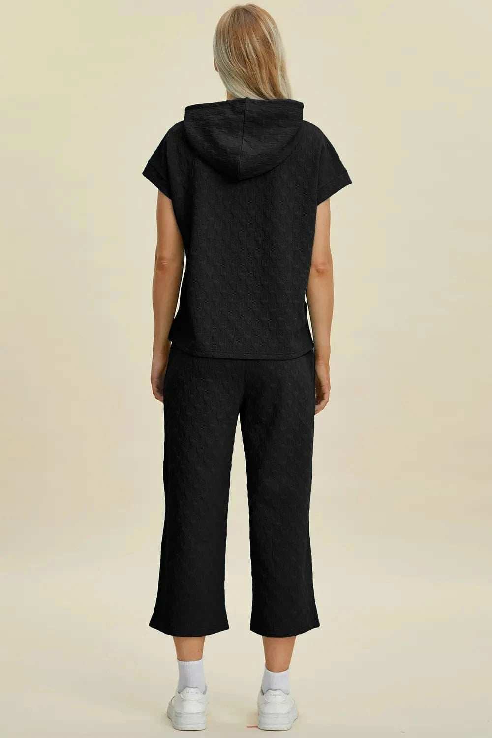 Double Take Full Size Texture Drawstring Short Sleeve Hoodie and Pocketed Pants Set - Trendsi - Flyclothing LLC