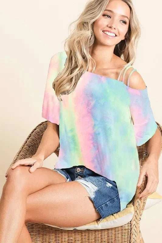 BiBi Tie Dye French Terry Strapped One Shoulder Top - Trendsi - Flyclothing LLC