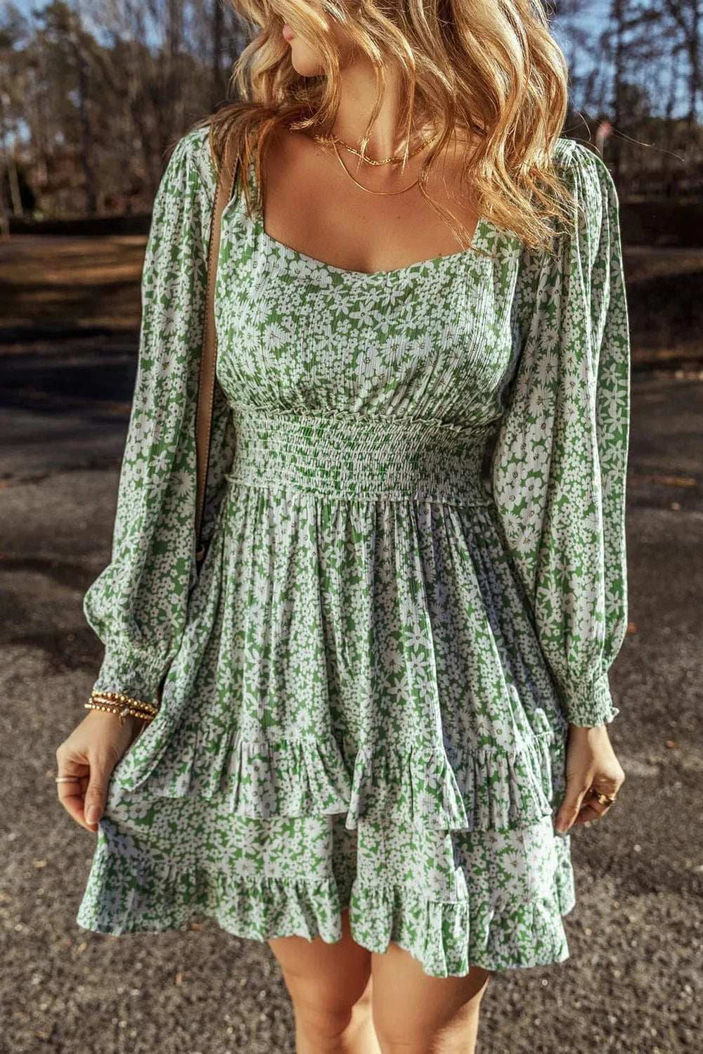 Ruffle Hem Floral Square Neck Long Sleeve Dress - Trendsi - Flyclothing LLC
