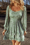 Ruffle Hem Floral Square Neck Long Sleeve Dress - Trendsi - Flyclothing LLC
