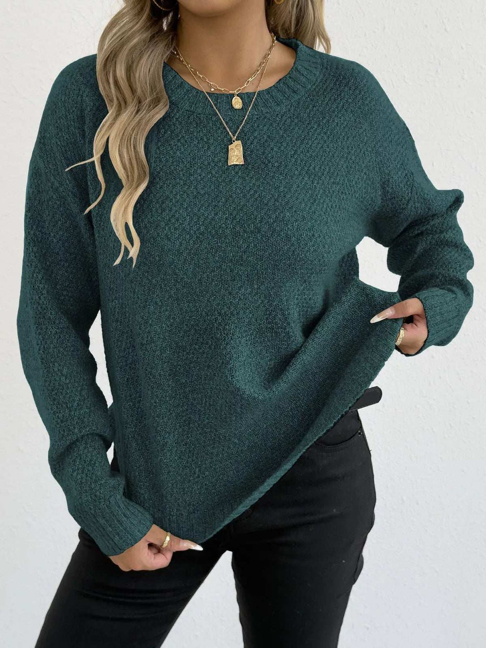 Textured Knit Relaxed Fit Round Neck Sweater - Trendsi - Flyclothing LLC