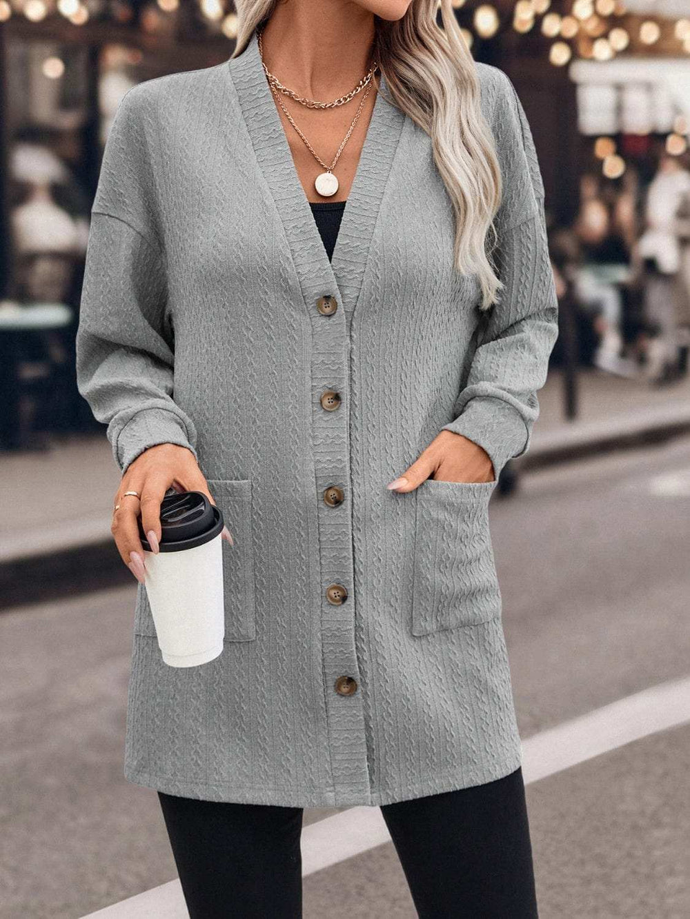 Textured Button Down V-Neck Long Sleeve Cardigan - Trendsi - Flyclothing LLC