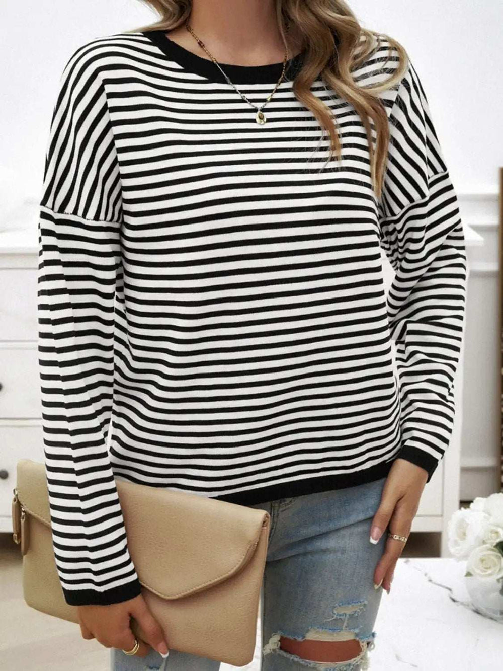 Striped Round Neck Dropped Shoulder Sweater - Trendsi - Flyclothing LLC