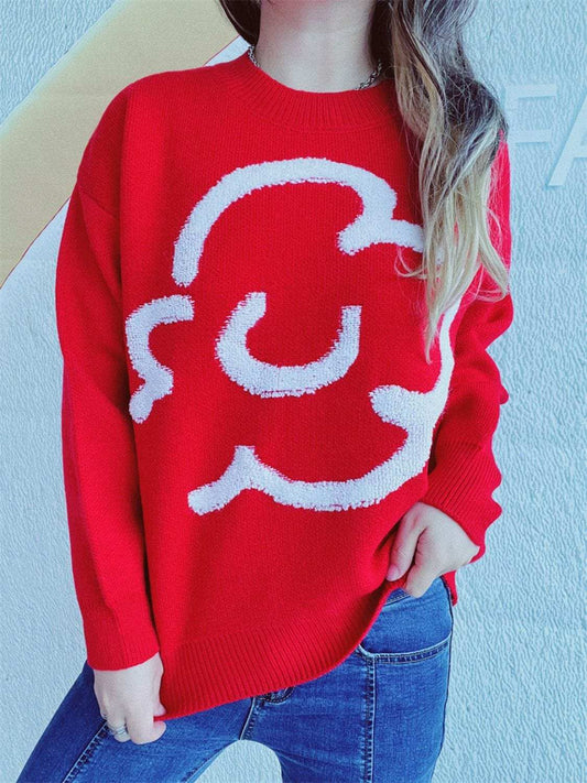 Contrast Round Neck Long Sleeve Sweater - Trendsi - Flyclothing LLC