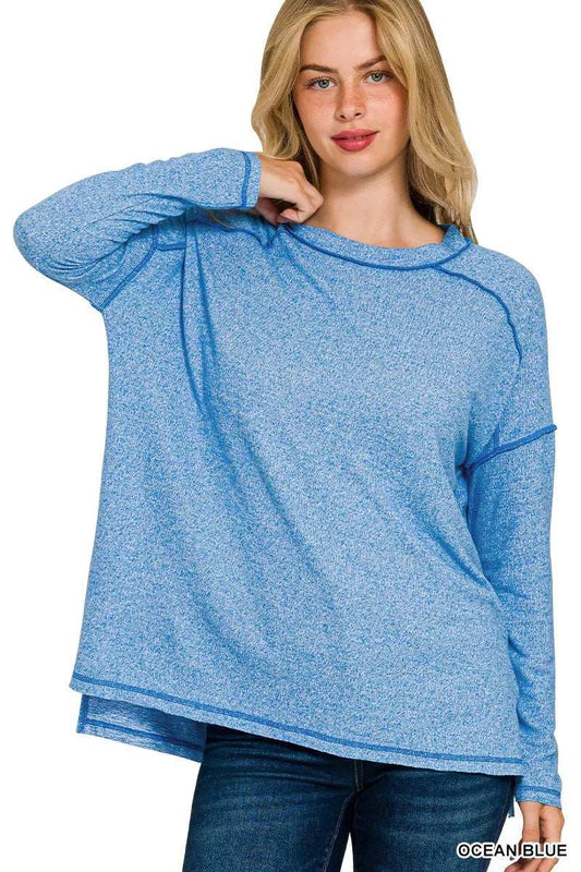 Zenana Full Size Melange Hacci Exposed Seam Hi-low Tee Plus Size - Trendsi - Flyclothing LLC