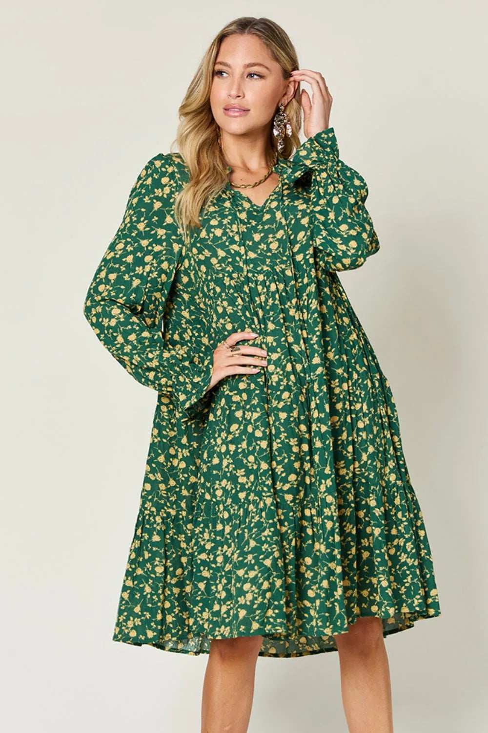 Double Take Full Size Printed Ruffle Hem Long Sleeve Tiered Dress - Trendsi - Flyclothing LLC