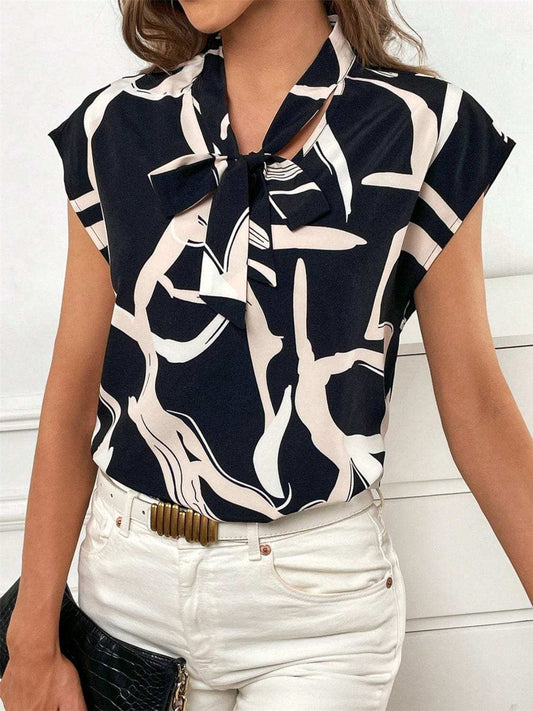 Printed Tie Neck Cap Sleeve Blouse - Trendsi - Flyclothing LLC