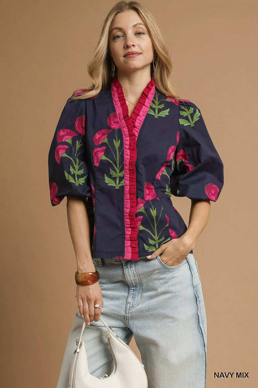 Umgee Floral Print Ruffle Trim Puff Sleeve Blouse - Trendsi - Flyclothing LLC